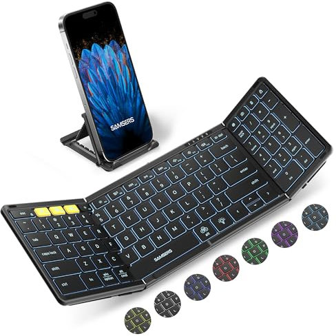 Samsers Teclado Bluetooth Plegable con Teclado numérico, Plegable inalámbrico de tamaño Completo con retroiluminación, portátil de Viaje para iOS, Android, Windows, Mac OS, Compatible con 3