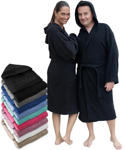 LEBENGOOD Peignoir de bain à capuche, pour femme et homme 100% coton éponge 400 g avec ceinture, poches, douche, peignoir doux, serviette (hombre.Capucha Negro L)