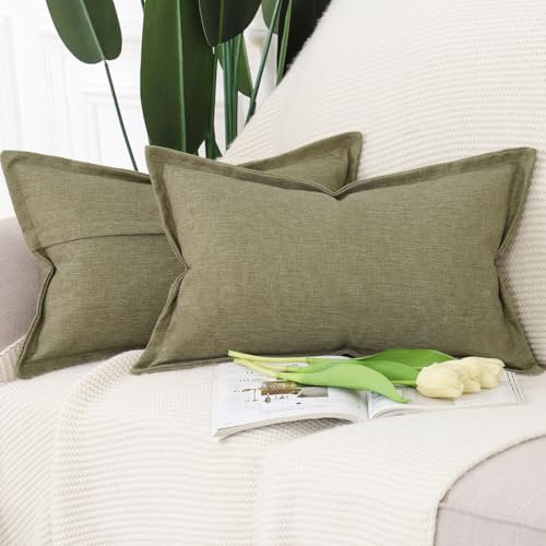 Madizz 2er Set Polyester Leinen Kissenbezügen mit breiter Kante Weiche dekorative Kissenbezüge für Sofa Schlafzimmer Kissenhülle Moosgrün 40x60 cm Rechteckig