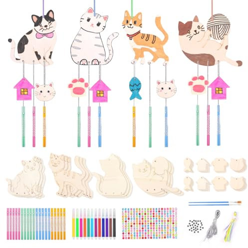 Svalor Katze Windspiel Bastelset Kinder 139er, Holz Katze Kindergeburtstag Basteln, Katze Bastelset Kinder zum Bemalen mit Hängendem Klangspiele, Holz Basteln Kinder für Mädchen/Jungen DIY Handwerk
