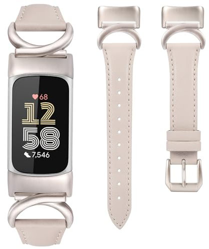 TOYOUTHS Lederarmband Kompatibel mit Fitbit Charge 6/Charge 5 Armband Damen, Frauen Schlank Luxus Elegant Dressy Armbänder mit C-förmiger Schnalle für Charge 6, Polarstern/Polarstern
