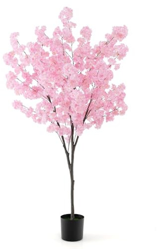 COSTWAY Plante Artificielle en Pot Remplies de Ciment 190CM avec 900 Fleurs Roses, Fausse Cerisier avec Troncs de PE Simulés, Décoration Moderne pour Salon Balcon Bureau