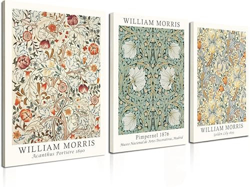 Induslyfe Gerahmte Blumen-Wandkunst, Leinwand-Dekor, 3er-Set, William Morris, Wandkunst, gerahmte Drucke, Poster, Mitte des Jahrhunderts, moderne Kunst, ästhetische florale botanische Wandkunst für