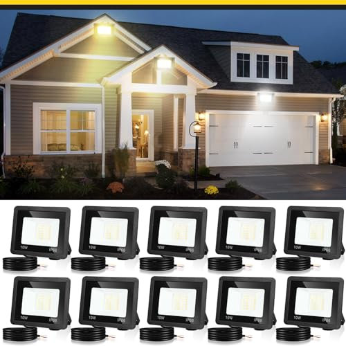 Fiqops Strahler 10W 10er, LED Fluter 6000K Kaltweiß 900LM Scheinwerfer IP66 Wasserdicht Flutlicht Außenstrahler Außenleuchte für Werkstatt Garage Garten