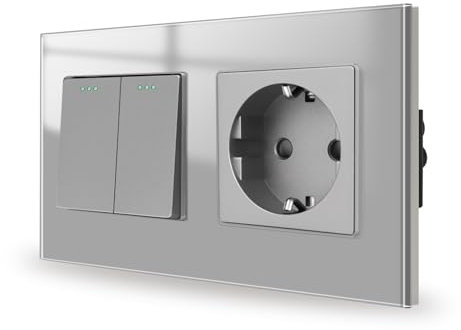 JIMEIDA Interruptor de luz con toma de corriente, gris, empotrado, 2 veces, 1 vía, toma de cristal, botón, interruptor, interruptor de pared, interruptor basculante de cristal, 157 x 86 mm, 10 amp,