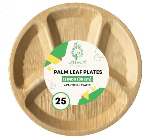U'reca Organics Eco-Friendly Areca Palm Leaf Round Partition Plates | 12 - 4 Compartments - Pack of 25 | Best for Restaurants, Food Festivals & Family Dinners | Sturdy, Sustainable, Tree-Free