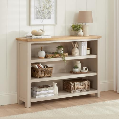 The Furniture Market Marbury Putty Grey Painted | Wide Low Large Bookcase | Fully Assembled | 3 Open Shelves | Adjustable Height | Rounded Corners | Country Style | H 970 x W 1350 x D 340mm