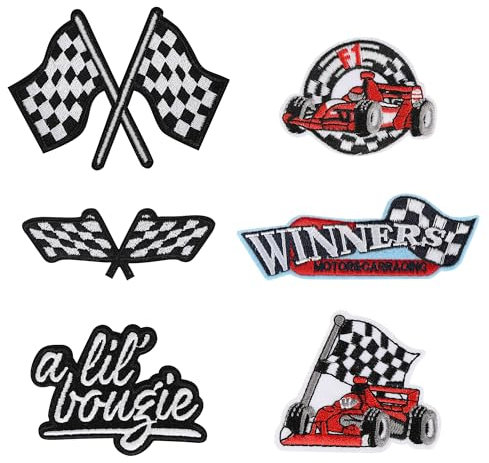 Mikzhskr 6Pcs Checkered Racing Flag Patches, Rectangular, Iron-On, Racing, Sports, Black, White, Red and Blue, Patches