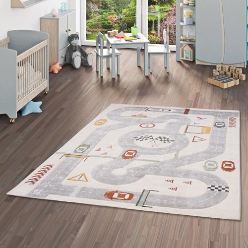 Pergamon Kinder Maui Kids Straßenteppich Rennbahn - Weicher Spielteppich mit Dinosaurier-Motiven für Kinderzimmer & Spielzimmer, Pflegeleicht und Farbbrillant