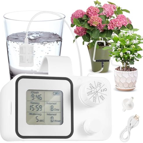 Ofloton - Kit de riego automático por goteo, soporte para 15 plantas de interior en maceta, sistema de riego automático interior para plantas, con temporizador de agua programable digital