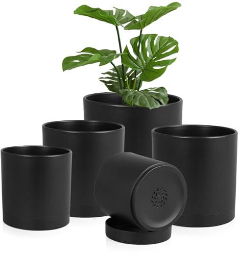 Homeuouz 5 Packs Blumentopf mit Untersetzer, 17.8cm/15.2cm/14cm/12.7cm/10.2cm Pflanzentopf, Plastik Übertopf, Hydrokultur Topf, Blumentöpfe Set Ideal für Innen und Balkongärten,Schwarz