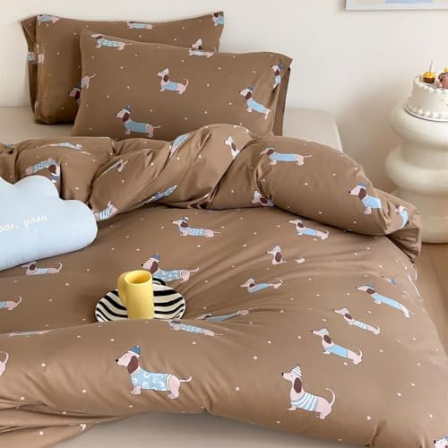 Lanqinglv Bettwäsche 135x200 cm Kinder Dackel Braun Allergiker Bettwäsche aus Microfaser, ÖKO-TEX Bettwäsche Set - Bettbezug mit Reißverschluss und 1 Kissenbezug 80x80 cm
