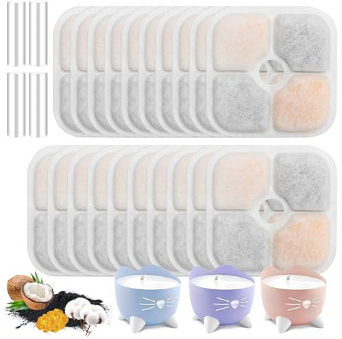 KOMABLEN Lot de 20 Filtre Fontaine Eau Chat, Filtre Fontaine avec La Résine et Charbon Actif, Quadruple Filtration Remplacement Filtre Fontaine à Eau pour Chien avec 4 tuyaux en Silicone