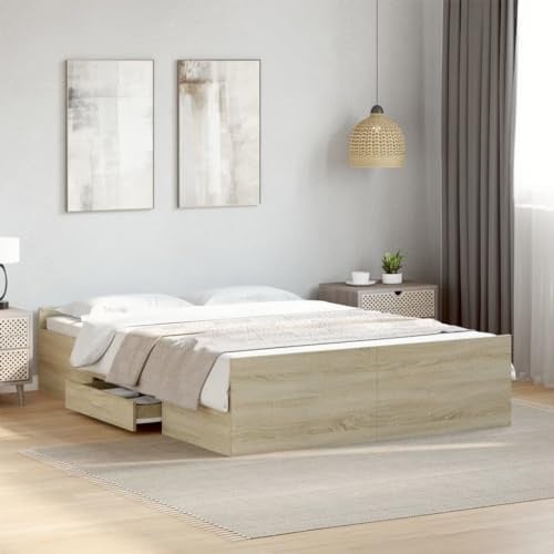 Massbinet Bettgestell mit Schubladen Sonoma-Eiche 120x200cm Holzwerkstoff Bett mit Lattenrost aus Holz Bettgestell mit Jugendbett Doppelbett mit großen Schubladen