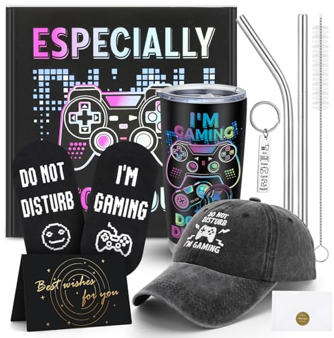 Meng Jiaran Gamer Gift Set for Teen Men Boys | Stainless Steel Insulated Tumbler, Cap & Socks Included, Game Room Decor, Gift for Birthday & Valentine