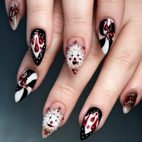 Rolcheleego Halloween Short Almond Press On Nails - Circus Clown Reusable Fake Nails - Blood Drop Stripes & Ghost Face Design - Stick on Nails with Glue for Women - Diamond Shaped Pattern False Nails