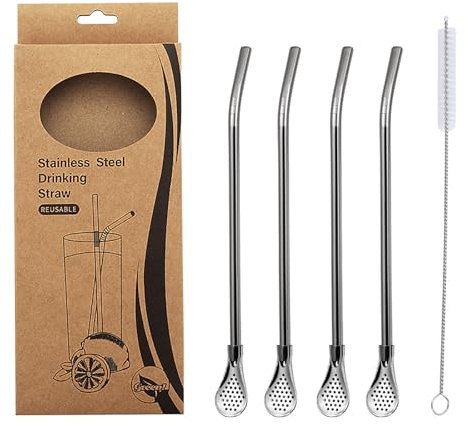 4 Pcs 304 Stainless Steel Straw Spoons with 1 Brush - Reusable Drinking Straws with Filter Spoon for Loose Leaf Tea, Yerba Mate, Cocktails & Stirring