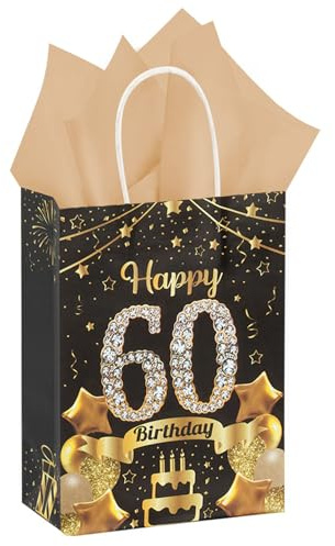 1Pcs Black Gold 60th Birthday Gift Bag with Tissue Paper - 60th Birthday Wrapping Paper Bags for 60 Year Old Present, B-irthday Party Supplies for Men & Women(22cm x 15.7cm x 8cm
