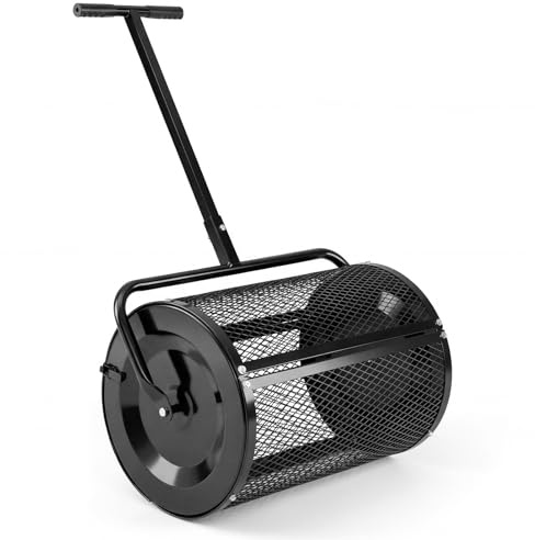 COSTWAY Spandiconcime a Rullo, Rullo da Giardino con Impugnatura Pratica Chiusure Laterali e Rete in Metallo per Concimazione e Semina, Spandiconcime per Prato e Giardino (40 x 61 cm Nero)