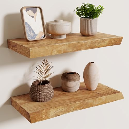 Axeman Schweberegal 2er Set mit Baumkante aus recyceltem Ulmenholz Massivholz – 40 x 20 x 3.5 cm Wandregal mit unsichtbarer Halterung für Wohnzimmer Küche Schlafzimmer Flur Büro in Natur