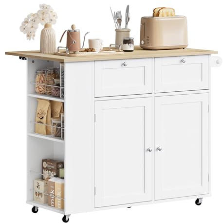 WOLTU Isla de Cocina con Ruedas, Carrito con Encimera Plegable y Estante Lateral, Aparador de Madera con 2 Cajones, 2 Puertas y 1 Toallero, para Cocina, Comedor, Roble Claro + Blanco