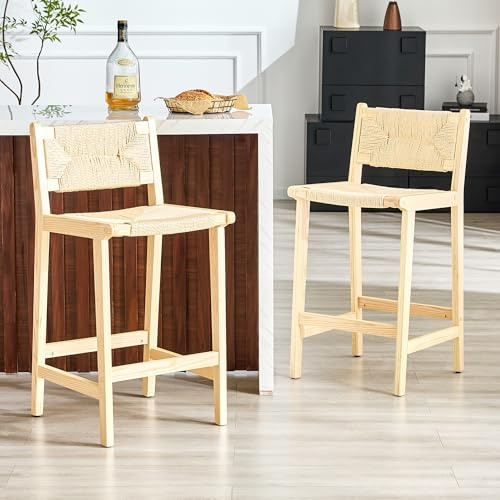 kowdom Juego de 2 taburetes de bar de madera maciza de madera natural, tejido a mano, estilo rústico, respaldo y reposapiés, ergonómicos, para isla de cocina, mostrador, comedor