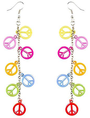 Boland 44525 - Peace Ohrringe für Hippie Kostüme, farbenfrohe Ohrhänger mit Friedenszeichen, Modeschmuck für Faschingskostüme, JGA