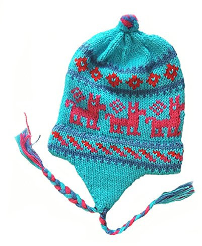 Alpacaandmore Unisex Chullo Mütze Strickmütze Alpakawolle dick gestrickt türkis/rot Inka Muster Einheitsgröße