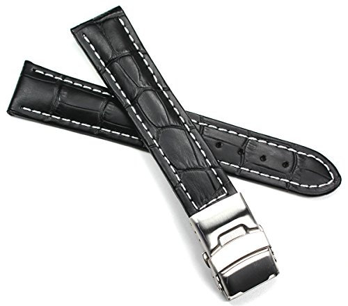 Sulla 20mm Kalbsleder Uhrenarmband mit Faltschließe aus Edelstahl schwarz Weiße Naht Alligator Prägung