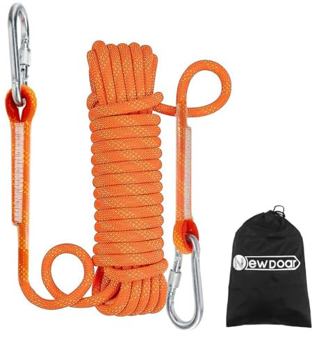 NewDoar 12KN Statisches Kletterseil 10mm Zubehörschnur Ausrüstung Fluchtseil 10M/20M/30M Kletterseile mit 2 Karabinern zum Abseilen, Eisklettern, Feuerrettung, Abseilen etc-Orange/10 m