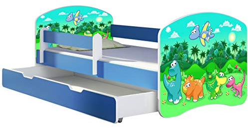 ACMA Lit Enfant Bébé TIROIR Matelas sommier Gratuite Bleu Meubles pour Enfants II (30 Dinosaures, 140 x 70 cm + tiroir)