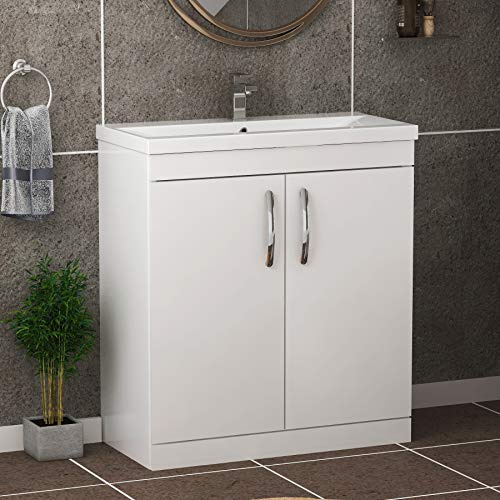 Royal Bathrooms 800mm Floor Standing Bathroom Vanity Unit Minimalist Basin 2 Doors Storage Cabinet Furniture - Gloss White