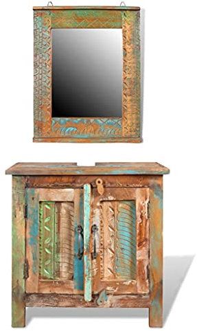CHAHO Retro-Stil,Handgemachtm,BadMöbel Waschbeckenunterschrank mit Spiegel Massivholz
