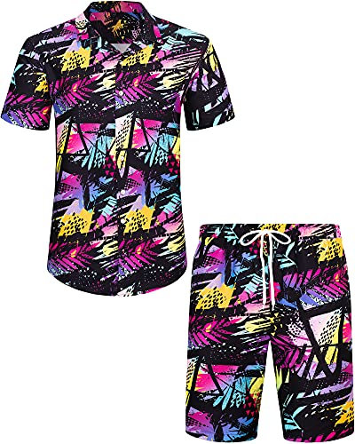 J.VER Summer Mens Hawaiian Shirt and Shorts Matching Colorful Flamingo Tropical Floral Casual Funky Ugly Beach Holiday Shirts Set L