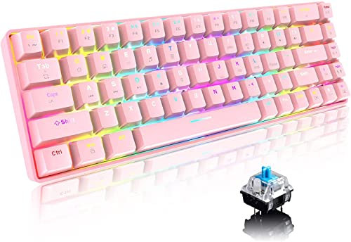 60% Mechanical Keyboard Mini Compact 68 Keys USB C Wired RGB Backlit Keyboard 18 Chroma Rainbow Backlight Portable Full Keys Anti-ghosting (Pink/Blue Switch)