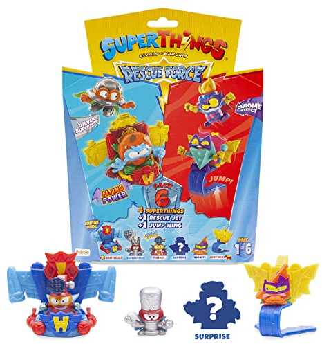 SUPERTHINGS Rescue Force Serie - 6er-Pack Enthält 4 SuperThings (1 seltener Silberkapitän), 1 Rettungsjet und 1 Jump Wing 1/6