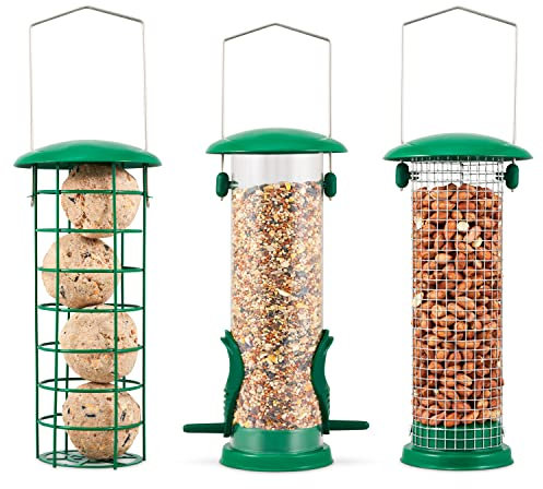 SA Products 3-Pack Metal Bird Feeder - Squirrel-Proof Hanging Bird Feeder Station for Garden, Backyard, Lawn - Set of Tube, Dense Mesh, Coarse Mesh Wild Bird Feeders for Nuts, Seeds, Fat Balls - Green