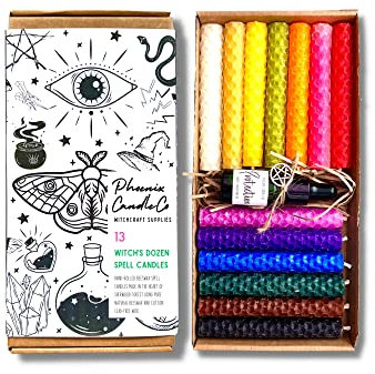 Hexendutzend | 13 Bienenwachs-Zauberkerzen | Salböl | Hexen-Starter-Set | Brenndauer 80 Minuten | Hexengeschenk (Mabon)