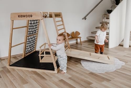 CLIFF (ex. KIDWOOD) Klettergerüst Segel Black Edition mit Sicherheitsmatte in schwarz, Kletterturm aus Naturholz. Montessori Kinderzimmer, Kletterdreieck, made in EU, Qualität aus Österreich