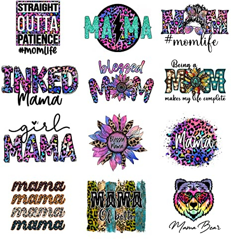 12Pcs Inked Mama Iron On Decals for Clothing Blessed Mama Iron On Patches Sunflower Washable DIY Heat Transfer Stickers for T-Shirt Jean