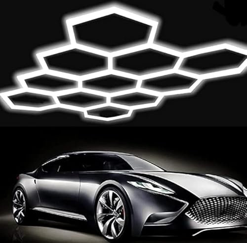 rivestiiltuogarage LED NID D’ABEILLE HEXAGONAL détail Atelier d’éclairage de garage, lavage de carrosserie LED hexagonal |moderne 5 hexagones nettoyage (2,38x 3,36m)
