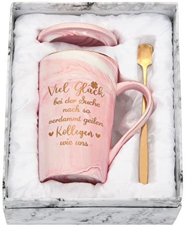 Joymaking Kaffee Tasse Abschiedsgeschenk für Kollegin mit Spruch - Viel Glück bei der Suche - 14oz Abschied Tasse Geschenk Kollegin Abschiedsgeschenk Jobwechsel, 400ml rosa