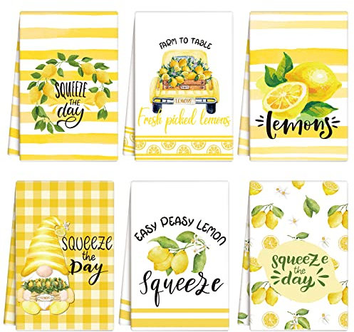Zubebe 6 Stück Zitronen-Küchentücher, Limonade, Sommer-Geschirrtücher, 45.7x71.1 cm, gelbes Büffelkariert, Quetschen, Bauernhaus, saugfähige Geschirrtücher zum Reinigen, Kochen, Backen (Zitrone)