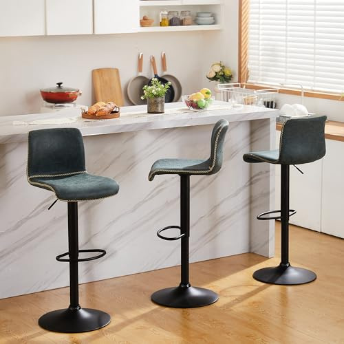 HeuGah Juego de 3 taburetes de bar giratorios de altura de mostrador con respaldo, altura ajustable de 24 a 32 pulgadas, sillas de bar de piel sintética para isla de cocina (color verde azulado