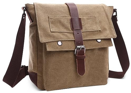 DORRISO Elegante Hombre Vintage Bolsos Hombro Lienzo Bolsa Mensajero para 10.9 Pulgadas iPad con Correa Ajustable Múltiples Bolsillos para Casual Cámping Al Aire Libre Tela Bandolera Caqui