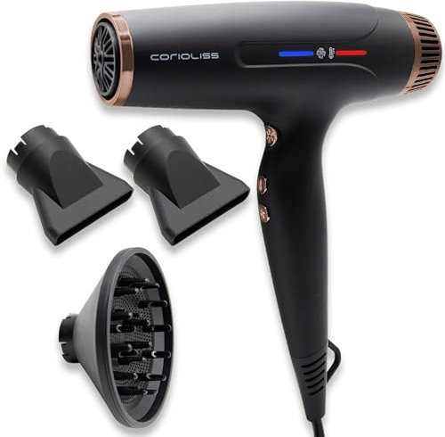 Corioliss Typhoon Secador de Pelo Profesional | Silencioso | Motor BLDC 2400W | Ligero 417 Gr. | Potente | Iónico Antifrizz | Difusor y 2 Boquillas | Black Copper