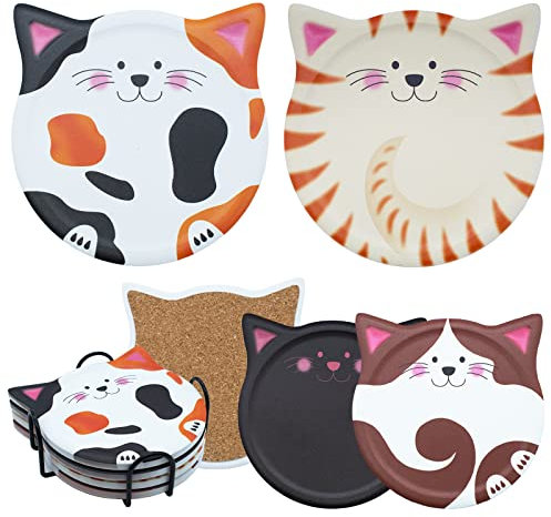TPBSITNS 4PCS Cat Coasters with Holder, Ceramic Coaster Set of 4 with Cork Bottom, Absorbent Cute Drink Coasters Cup Mats Table Decor for Cat Lovers Coffee Mugs Table Desk Decor Bar Gift(4.13 in)