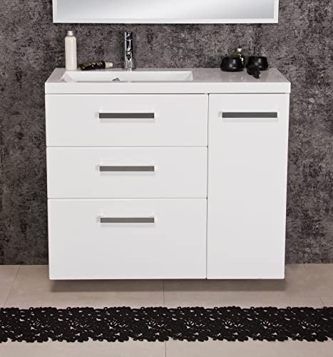 Quentis Badmöbel Genua, Breite 90 cm, Unterschrank mit 3 Schubladen und 1 Türe, Softeinzug, Waschbeckenunterschrank montiert (weiß glänzend)