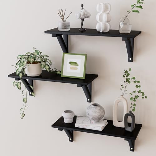 Ruichang Wandregal Holz 3er Set Küchenregal Hängend Bücherregal Wand Hängeregal Regalbrett Wall Schweberegal für Kinderzimmer, Wohnzimmer, Küche(Schwarz)
