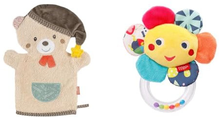 Fehn Waschlappen Bär - Waschhandschuh mit Tiermotiv & Rasselring Spielzeug Blume COLOR Friends